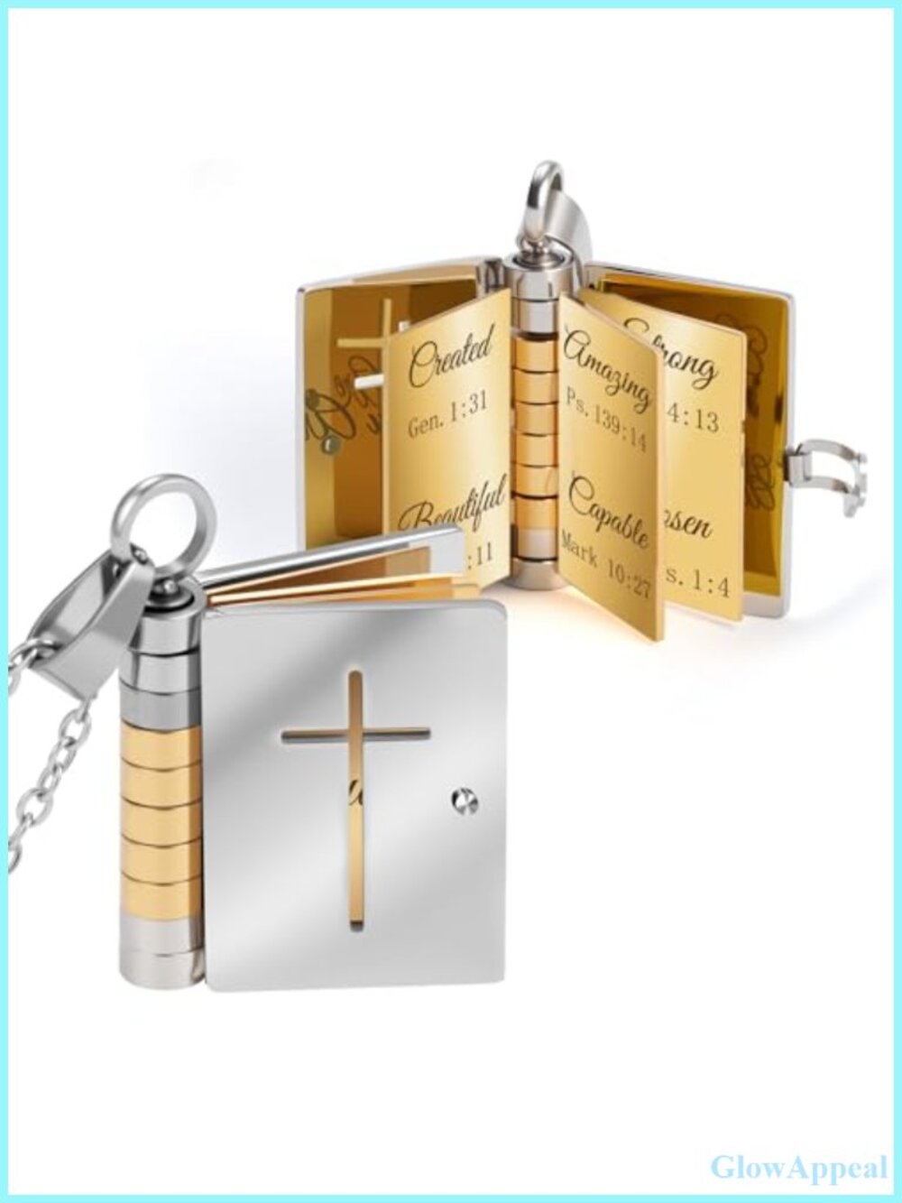 Christian Book Locket Necklace Stainless Steel Cross Pendant Bible Verse